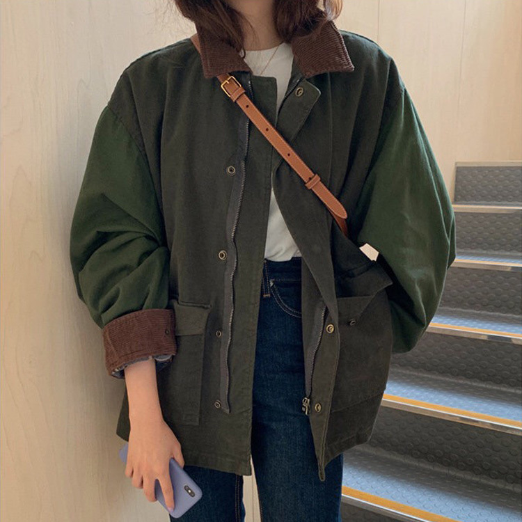 Vintage Patchwork Turn-down Collar Corduroy Jacket Coat Autumn Loose Hip Hop Jacket Women Streetwear Casual Outerwear Female Top 220811