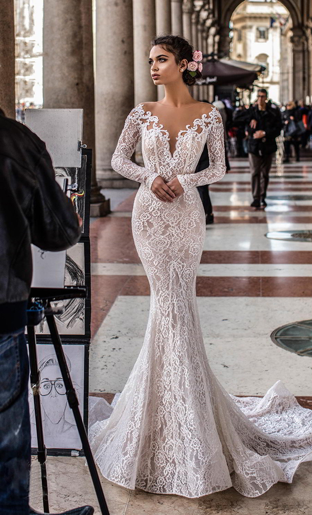 Elegant Mermaid Wedding Dress Off Shoulder Long Sleeves Deep V Neck Backless Hollow Appliques Sequins or Length Bridal Gowns Custom Made Vestido de no