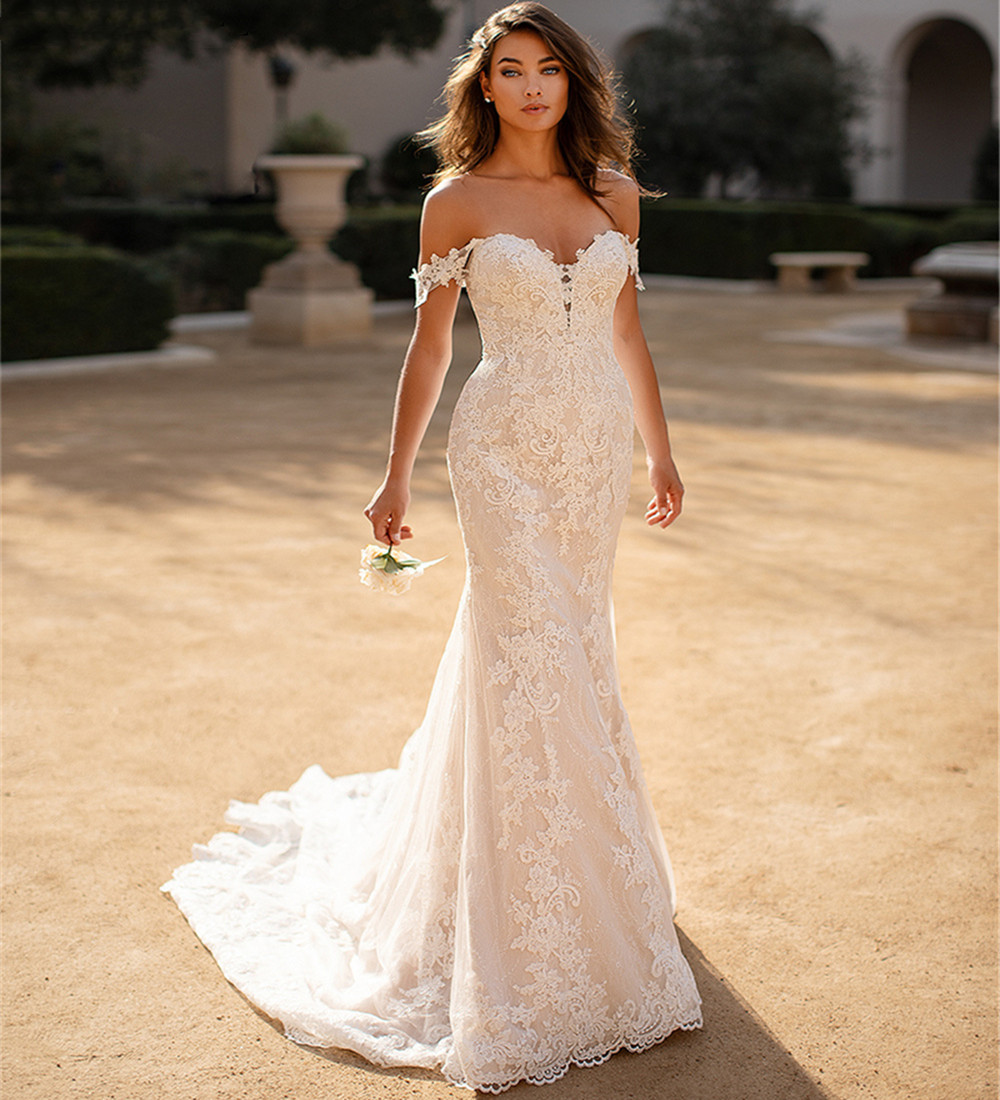Elegant Mermaid Wedding Dress Off Shoulder Sleeveless Sweetheart Strapless Backless Appliques Sequins Floor Length Bridal Gowns Custom Made Vestido de