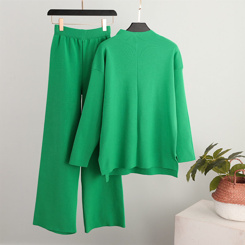 Knitted Women Pants Sets Autumn Winter Fashion Casual Female Solid 2 Piece Pant Outfits Long Sleeve Top And Wide Leg Pants 220811