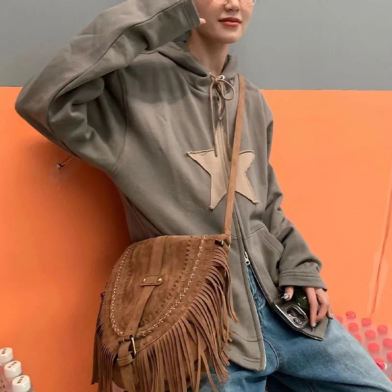 Hip Hop Zip up Hoodie Star Patch Cotton Women's Loose Tops Harajuku Punk Gothic Clothes Grunge Casual Women's Sweatshirt Y2k 220811