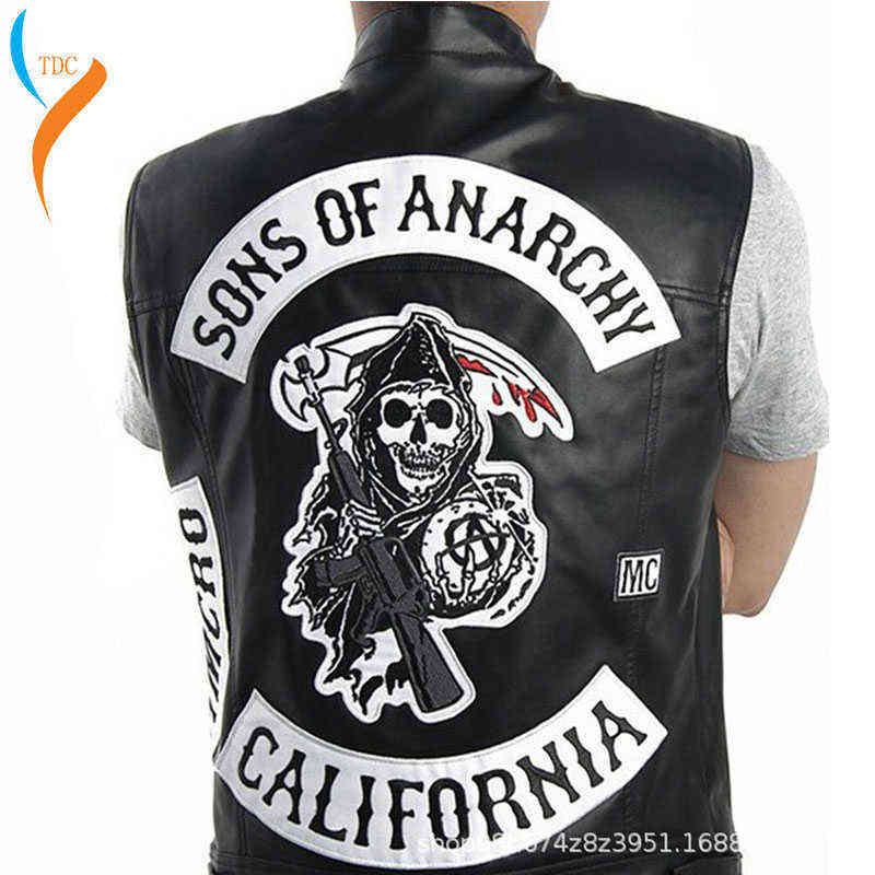 2022 New Fashion Sons Of Anarchy Broidery ATHer RoCK Punk VEST Cosplay Costume BlaCK Color Motorcyc Sevess JaCKet H220811