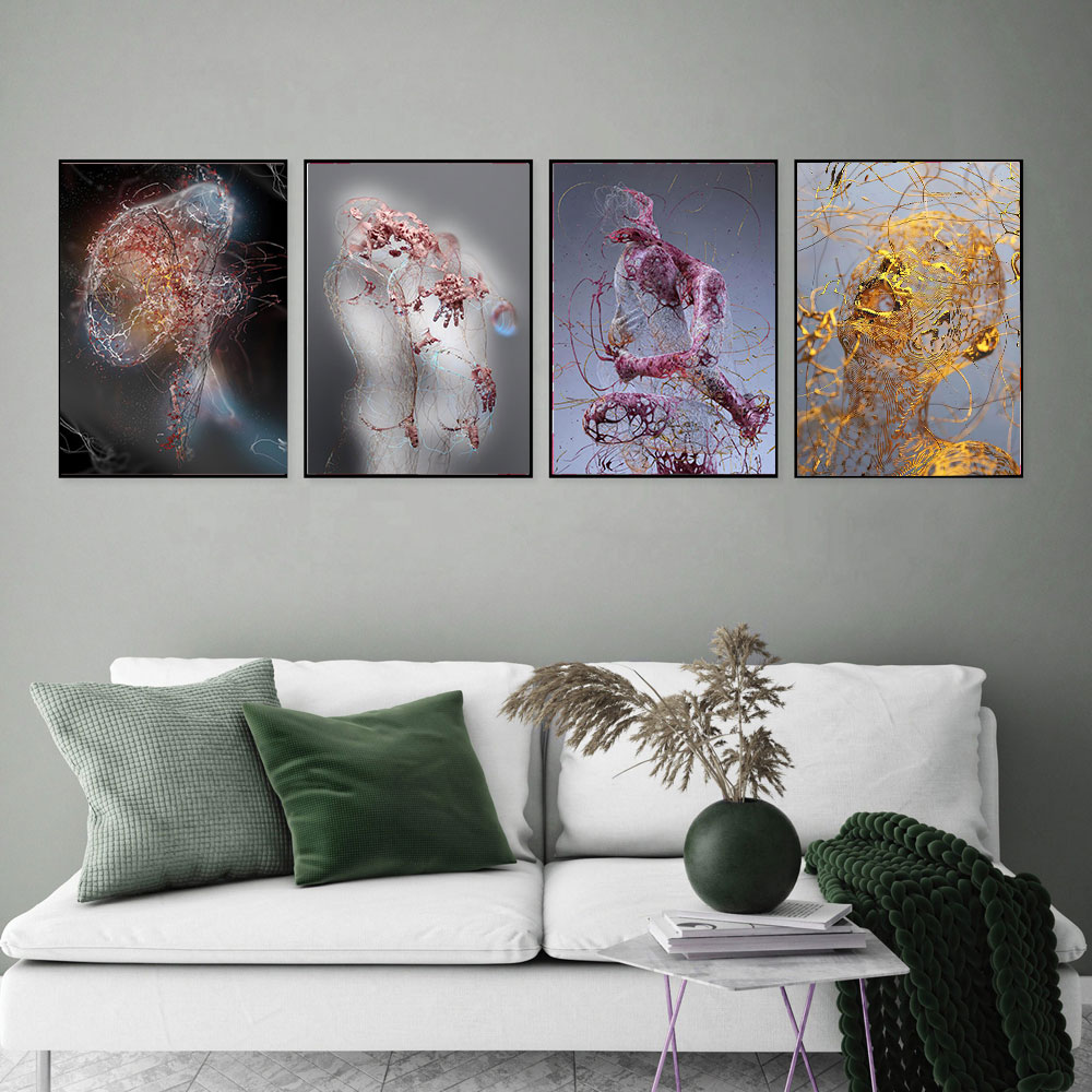 Abstract Metal Portrait Of Golden Man Roaring Canvas Painting Couple Embracing Posters And Prints Wall Art For Living Room Decor unframed