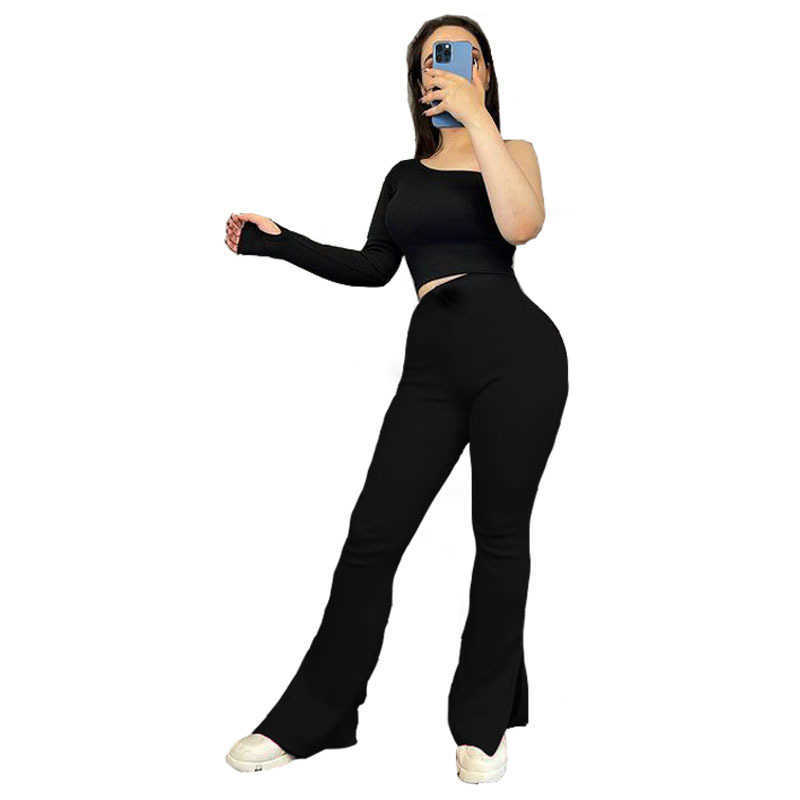 Women Clothes pants Autumn and winter new pure color irregular top micro horn slim pants two-piece set