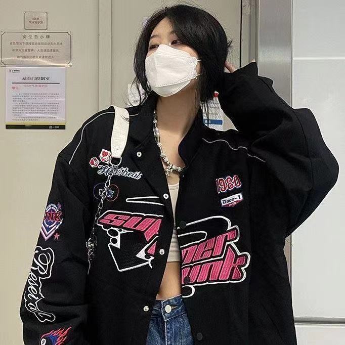 Varsity jacket Women Printed Casual Zipper Long Sleeve Racing Jacket Coat Winter Clothes Vintage Colorblock Women Bomber Jacket 220811