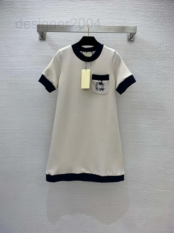 Casual Dresses designer 22 new dress fashion aging blue edge stitched pocket letter embroidery version a short sleeve medium length skirt BFEV