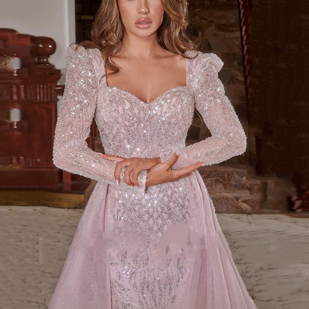 Sparkling Pink Mermaid Prom Dresses Sexy Long Sleeves Bateau Shiny Sequins Appliques Detachable Lace Train Evening Gowns Plus Size Formal Party Gowns 