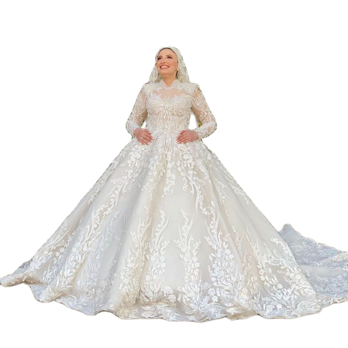 Muslim Ball Gown Wedding Dress High Neck 3D Floral Appliques Beads Long Sleeve Bridal Gowns Puffy Custom Made robe de soiree