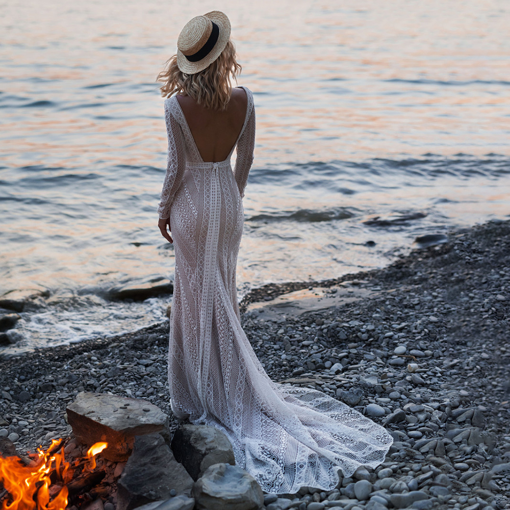 Cutout Lace Bohemian Wedding Dress 2022 Backless Beach Boho Crochet Lace Mermaid Bride Dresses Elopement Long Sleeves Country Bridal Gowns Robe De Mar