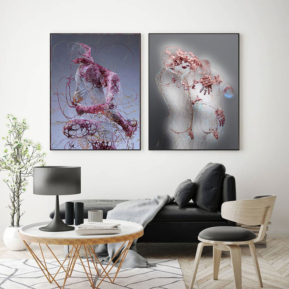 Abstract Metal Portrait Of Golden Man Roaring Canvas Painting Couple Embracing Posters And Prints Wall Art For Living Room Decor unframed