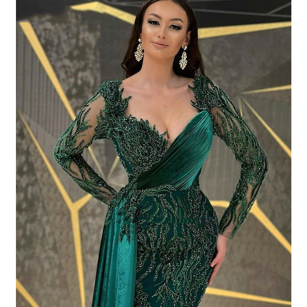 Dark Green Mermaid Prom Dresses Princess V Neck Long Sleeves Appliques Sequins Beads Satin Lace Ruffles Sexy Floor Length Party Gowns Plus Size Custom