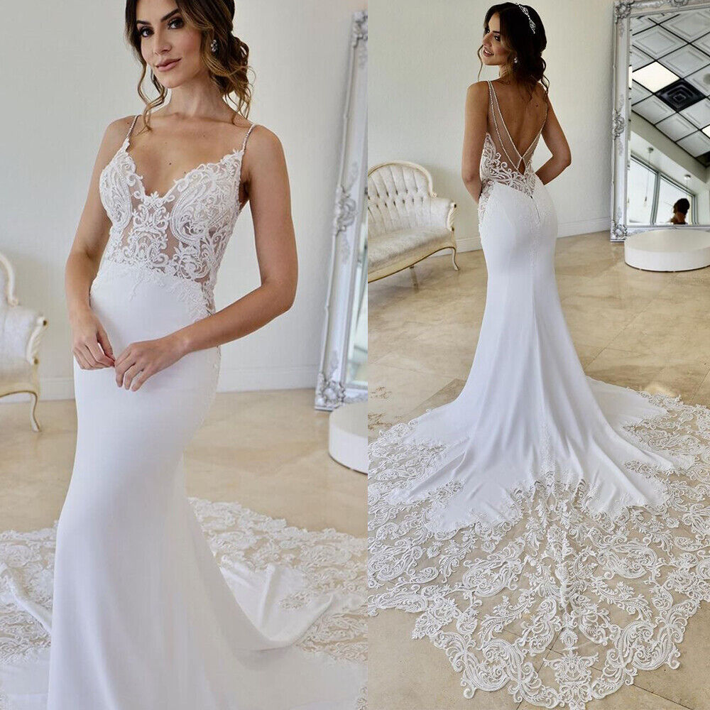 Lace Tail Bohemian Wedding Dress Sexy Spaghetti Straps Satin Mermaid Country Backless Bridal Gown Elegant Garden Boho Bride Dress Vestido De Novia Rob