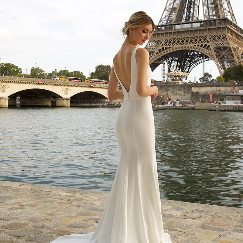V-Neck Mermaid Simple Wedding Dress 2022 Sexy Backless Satin Arabic Country Bridal Gowns Custom Made Detachable Drape Open Back Soft Boho Summer Beach