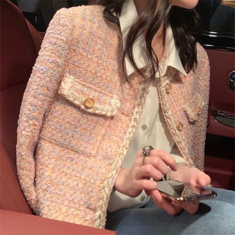 Korean Female White Tweed Basic Jacket Coat Women Clothing Outerwear Coats Channel Style Suit Cropped Stripeed Kawaii OL 220811