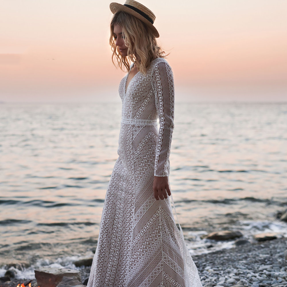Cutout Lace Bohemian Wedding Dress 2022 Backless Beach Boho Crochet Lace Mermaid Bride Dresses Elopement Long Sleeves Country Bridal Gowns Robe De Mar