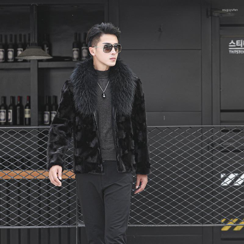 Men's Leather & Faux Brief Paragraph Coat Man The 2022 Haining Winter, Black