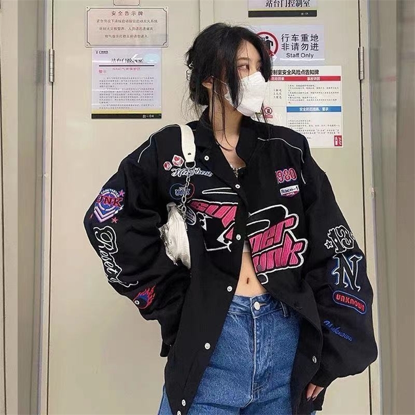 Varsity jacket Women Printed Casual Zipper Long Sleeve Racing Jacket Coat Winter Clothes Vintage Colorblock Women Bomber Jacket 220811