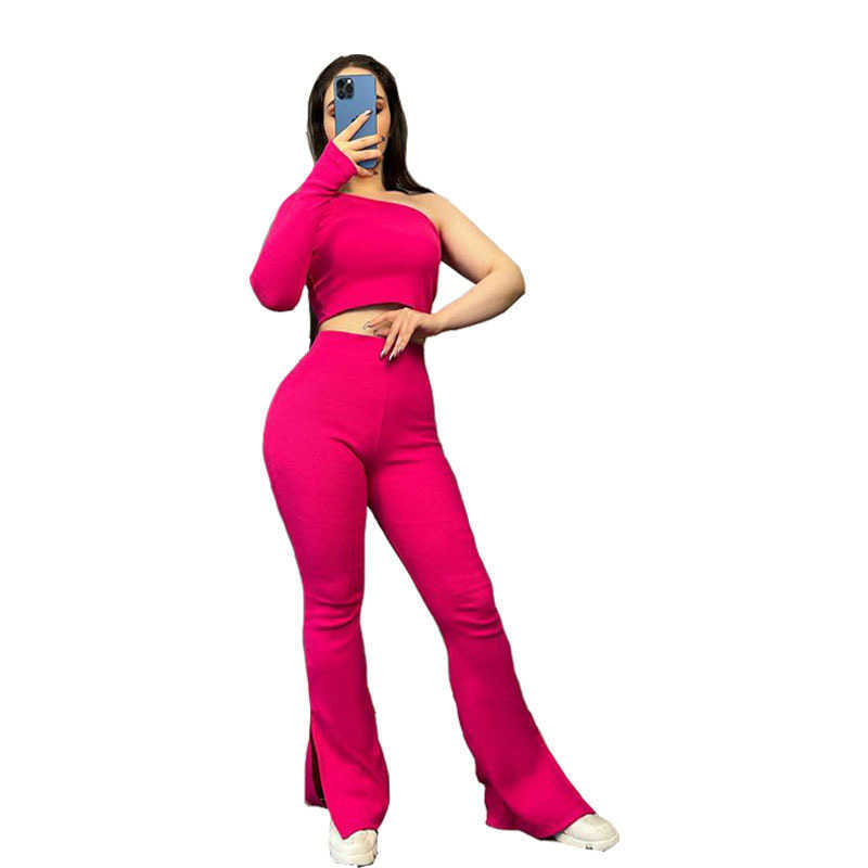 Women Clothes pants Autumn and winter new pure color irregular top micro horn slim pants two-piece set