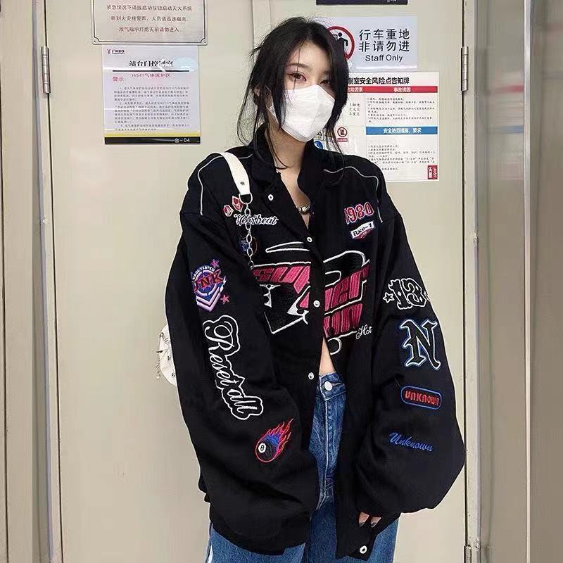 Varsity jacket Women Printed Casual Zipper Long Sleeve Racing Jacket Coat Winter Clothes Vintage Colorblock Women Bomber Jacket 220811