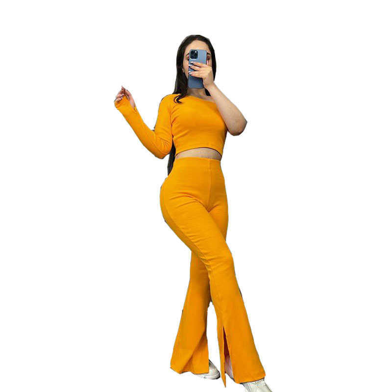 Women Clothes pants Autumn and winter new pure color irregular top micro horn slim pants two-piece set