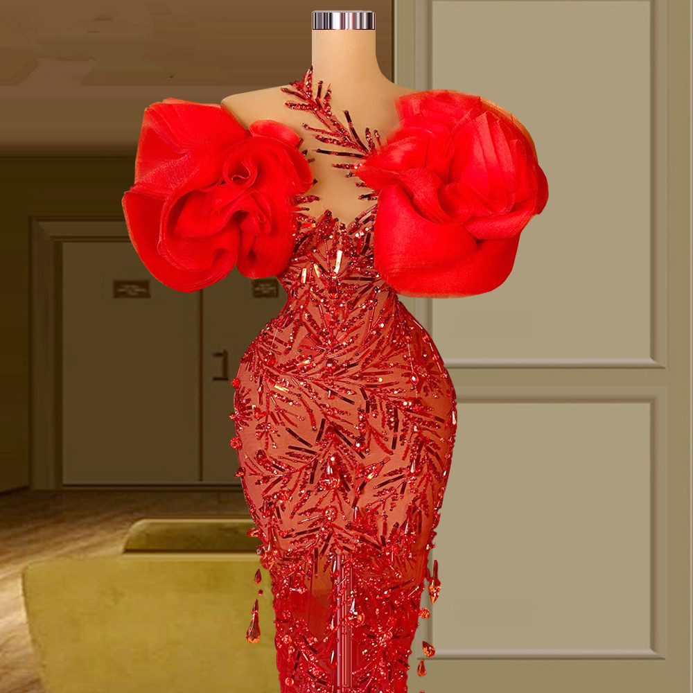 Puffy Sleeves Red Prom Dresses Illusion Mermaid Evening Dress Custom Made Sequined Tiered Ruffles Tulle Women Formal Celebrity Party Gown