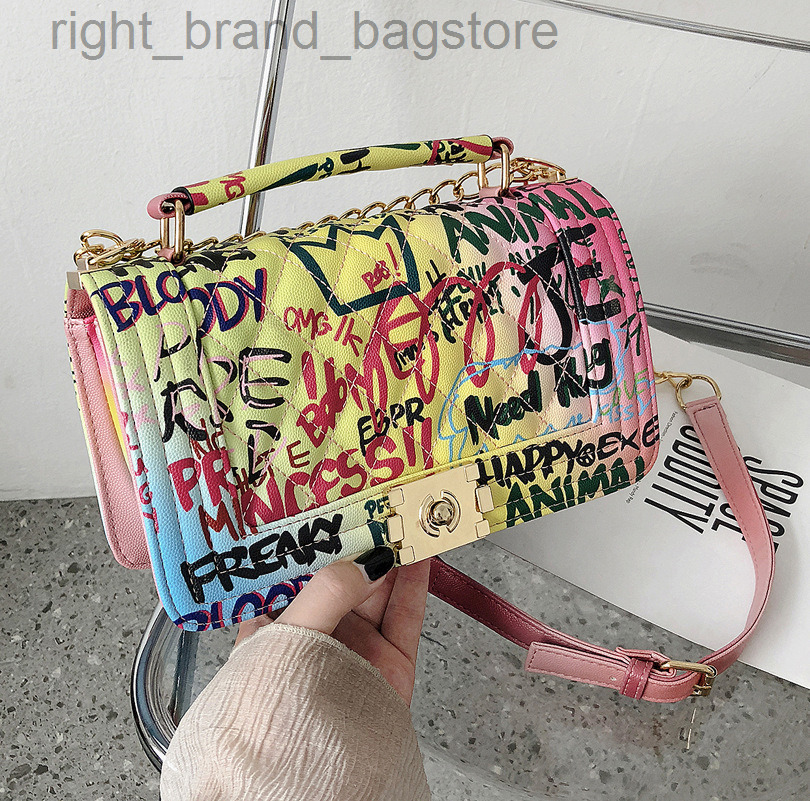 Popular Niche Graffiti Small Square Bag Summer Bags for Women Brands 2021 Rhombus Chain Shoulder Messenger Bag Woman Handbags W220810