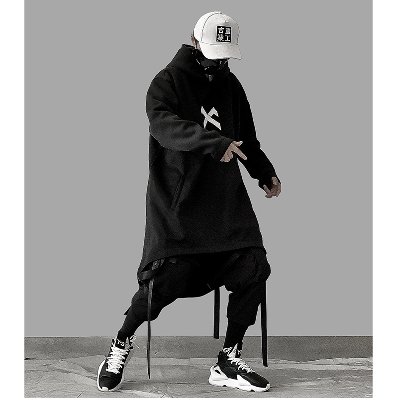 Emo Men Japanese Harajuku Alt Sweatshirt Oversize Hoodie Long Cloak Hip Hop Gothic Outwear Streetwear Techwear Coat Tops Clothes 220811