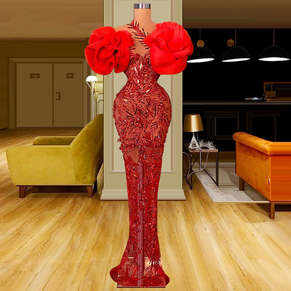 Puffy Sleeves Red Prom Dresses Illusion Mermaid Evening Dress Custom Made Sequined Tiered Ruffles Tulle Women Formal Celebrity Party Gown