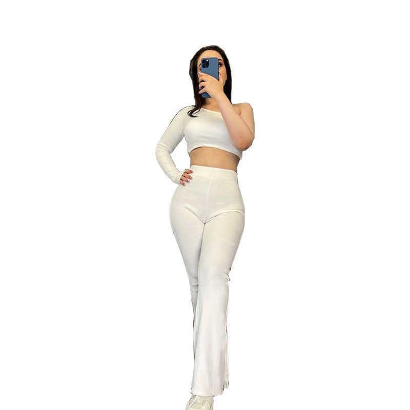 Women Clothes pants Autumn and winter new pure color irregular top micro horn slim pants two-piece set