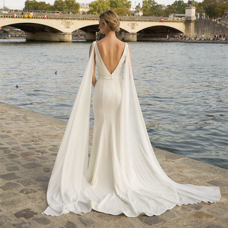 V-Neck Mermaid Simple Wedding Dress 2022 Sexy Backless Satin Arabic Country Bridal Gowns Custom Made Detachable Drape Open Back Soft Boho Summer Beach