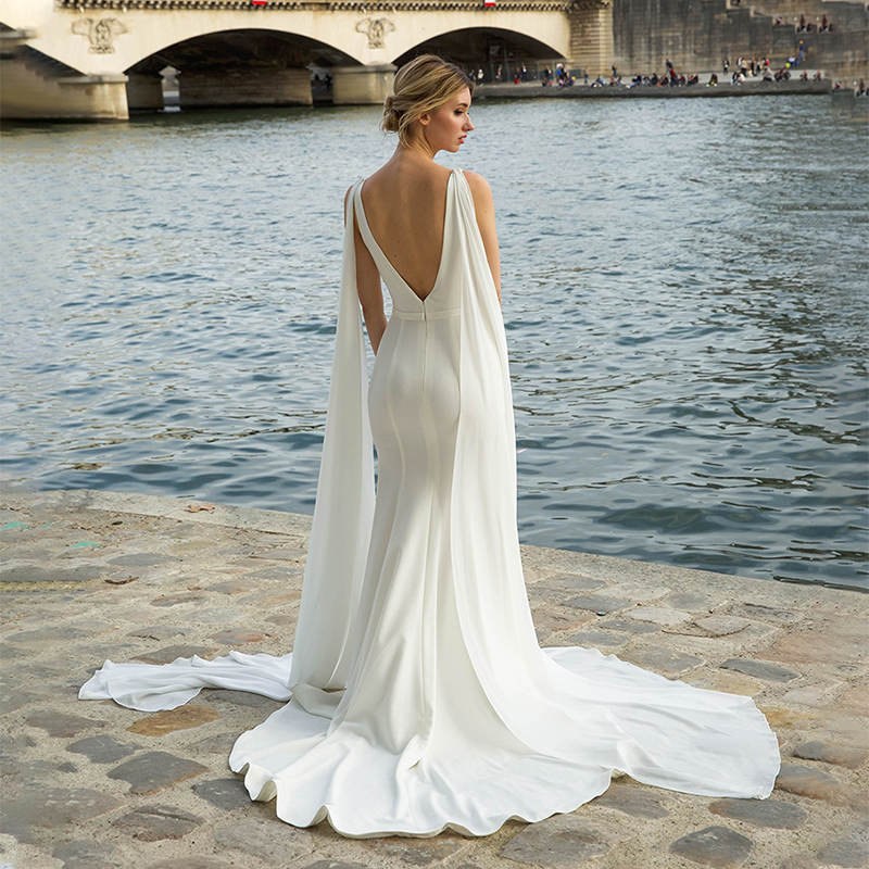 V-Neck Mermaid Simple Wedding Dress 2022 Sexy Backless Satin Arabic Country Bridal Gowns Custom Made Detachable Drape Open Back Soft Boho Summer Beach