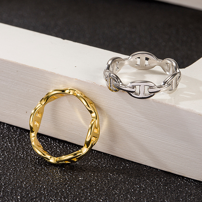 Sterling Silver Chain Ring Geometric Pattern