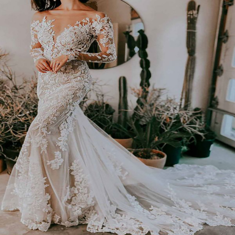 Backless Mermaid Lace Bohemian Wedding Dress 2022 Elegant Long Sleeve Illusion Neckline Appliques Country Wedding Gowns With Train Bridal Vestido De N