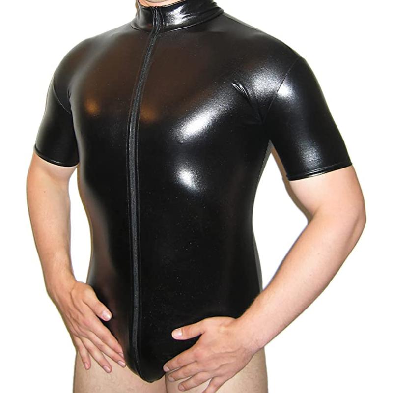 Men's T-Shirts Men Sexy Lingerie Bodysuit Black Metallic Wetlook Faux Leather Zipper Open Bust Stretch Tight Erotic Catsuit Fetish Gay Costu
Men's T-Shirts Men Sexy Lingerie Bodysuit Black Metallic Wetlook Faux Leather Zipper Open Bust Stretch Tight Erotic Catsuit Fetish Gay Costu