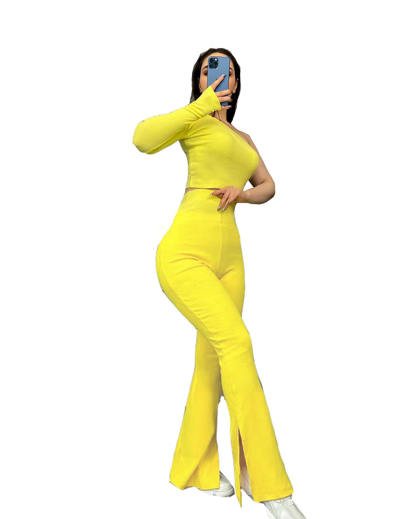 Women Clothes pants Autumn and winter new pure color irregular top micro horn slim pants two-piece set