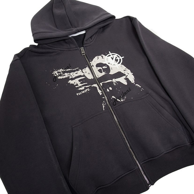 Anime print Gothic Streetwear Long Sleeve Black Zip Hoodie Y2k Grunge clothes Sweatshirt Korean Fashion Punk Sport Coat Pullover 220811