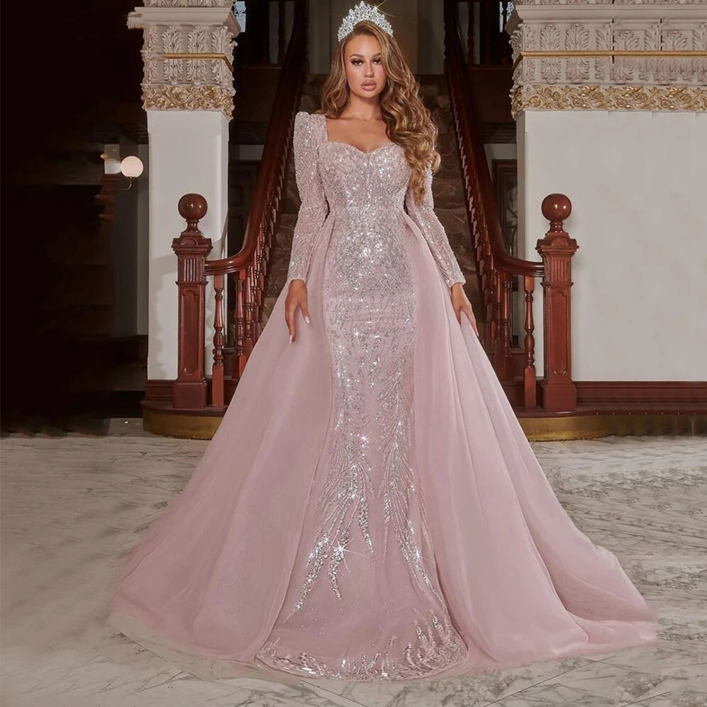 Sparkling Pink Mermaid Prom Dresses Sexy Long Sleeves Bateau Shiny Sequins Appliques Detachable Lace Train Evening Gowns Plus Size Formal Party Gowns 