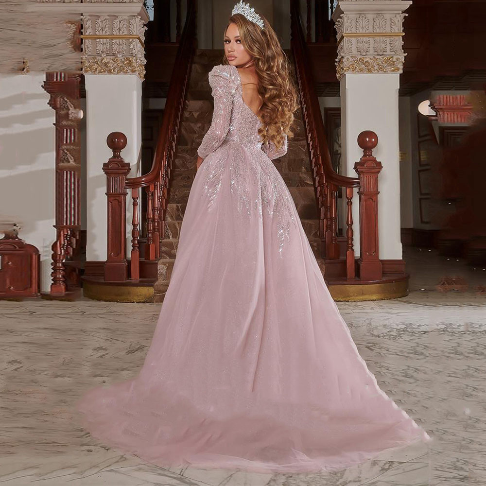 Sparkling Pink Mermaid Prom Dresses Sexy Long Sleeves Bateau Shiny Sequins Appliques Detachable Lace Train Evening Gowns Plus Size Formal Party Gowns 