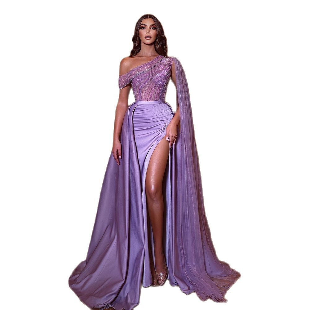 Purple Satin Mermaid Prom Dresses Sexy Strapless One Shoulder With Cape Shiny Sequins Appliques Side Slit Evening Gowns Plus Size Formal Party Gowns C