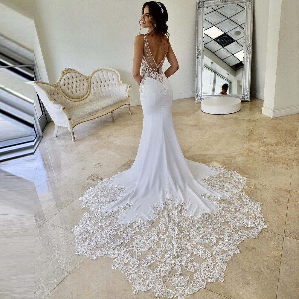 Lace Tail Bohemian Wedding Dress Sexy Spaghetti Straps Satin Mermaid Country Backless Bridal Gown Elegant Garden Boho Bride Dress Vestido De Novia Rob