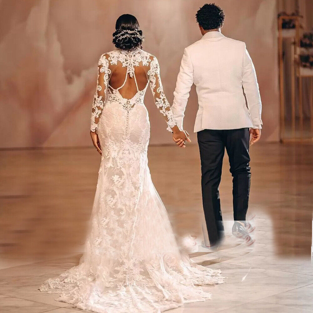Plus Size Mermaid Wedding Dress With Detachable Train Long Sleeve Lace African Wedding Gowns For Beach Garden Luxury Arabic Vestido De Novia Robe Mari
