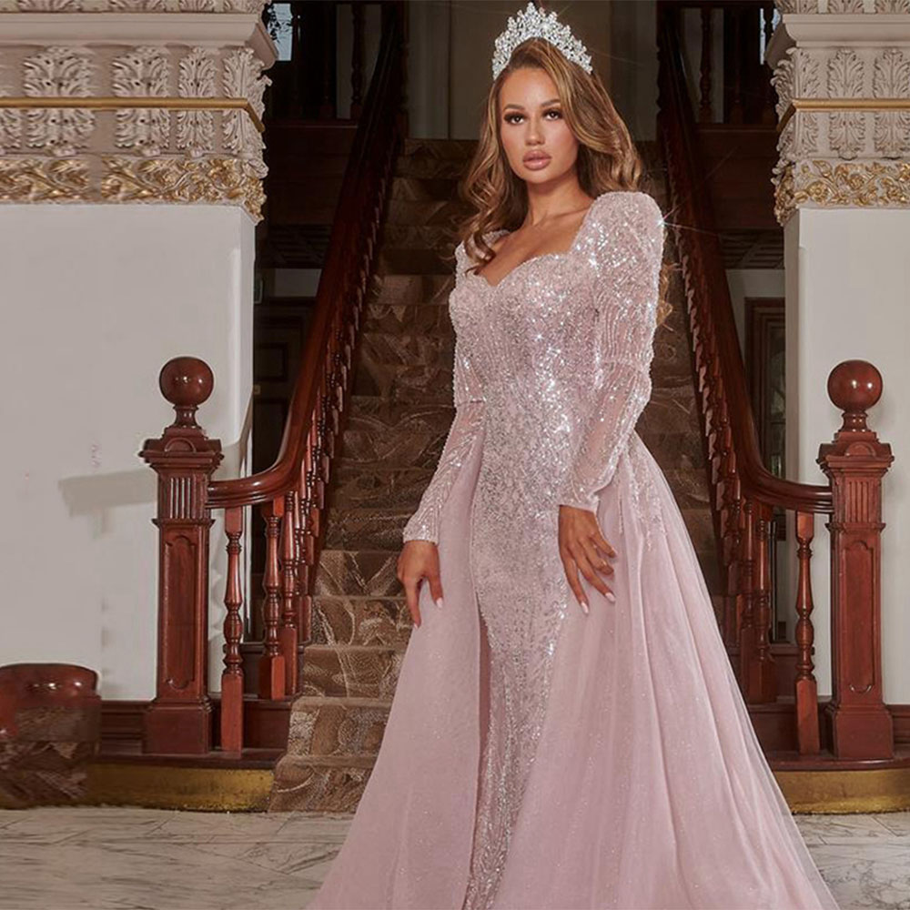 Sparkling Pink Mermaid Prom Dresses Sexy Long Sleeves Bateau Shiny Sequins Appliques Detachable Lace Train Evening Gowns Plus Size Formal Party Gowns 