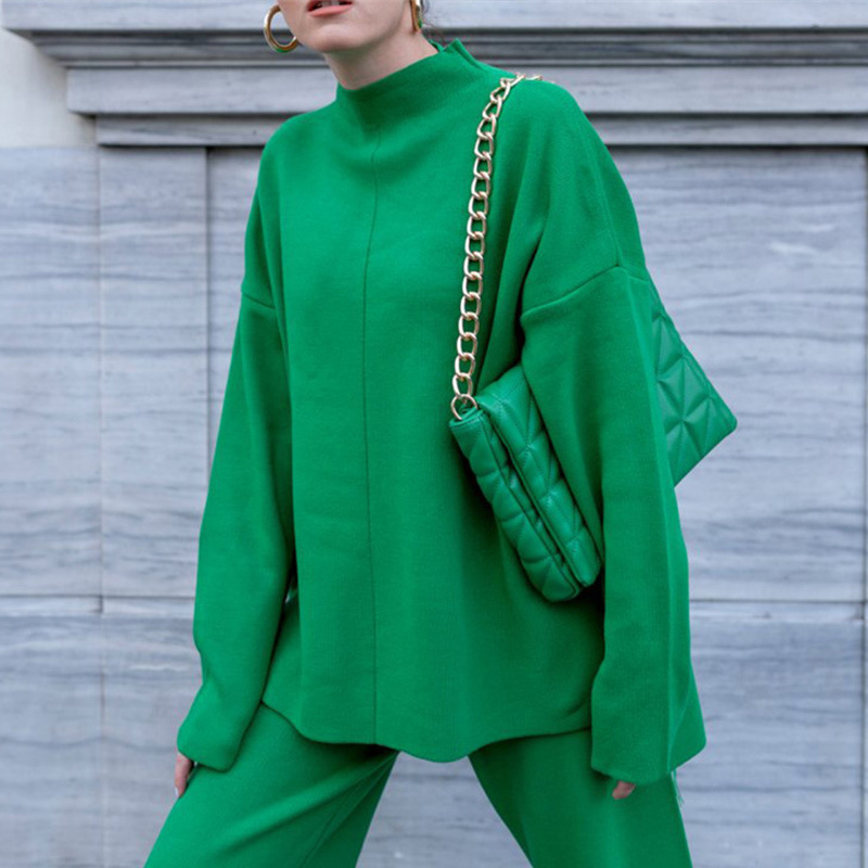 Knitted Women Pants Sets Autumn Winter Fashion Casual Female Solid 2 Piece Pant Outfits Long Sleeve Top And Wide Leg Pants 220811
