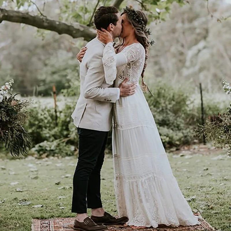 Hippies Lace Boho Wedding Dress Sexy V Neck Puff Sleeve Bohemian Beach Bride Dresses 2022 Backless Chiffon Outdoor Garden Bridal Dress Robe De Mariage