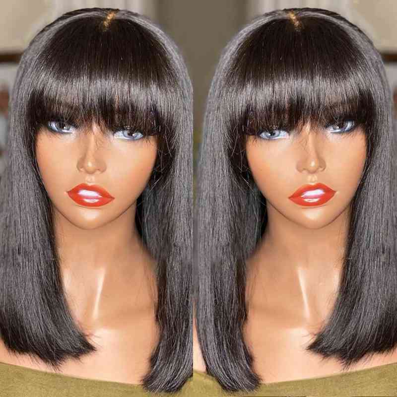 Short Bone Straight Bob Wigs With Fringe Pony Full Hine Seamless Brazilian Human Hair Wig For Womentthair L220809