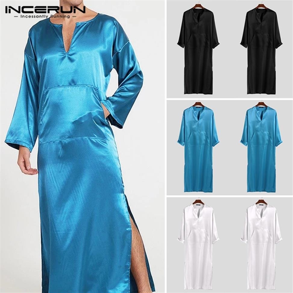 

INCERUN Men Robes Pajamas Solid Long Sleeve V Neck Faux Silk Satin Homewear Pockets Fashion Men Bathrobes Nightgown Plus Size Y200316Z, Blue
