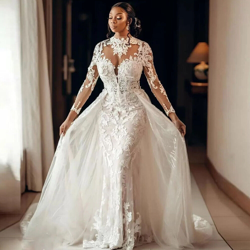 Plus Size Mermaid Wedding Dress With Detachable Train Long Sleeve Lace African Wedding Gowns For Beach Garden Luxury Arabic Vestido De Novia Robe Mari