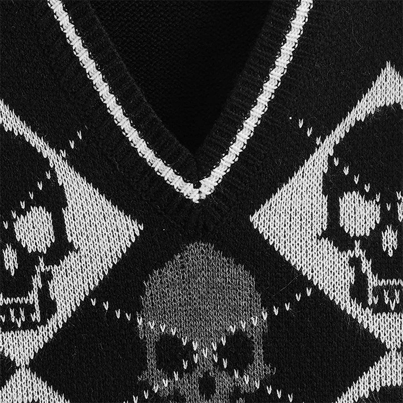 Y2K Gothic Knit Sweater Vest Skull Argyle Print Pattern Knitwear V-neck Pullover Fashion Jumper Top Women Halloween Streetwear 220818
