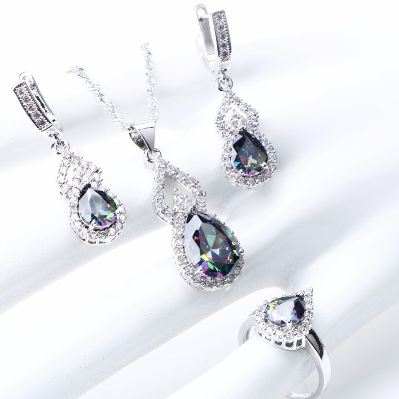 Natural Rainbow Jewelry Sets 925 Sterling Silver Stones Wedding Earrings For Women Bracelet Necklace Rings Set Gifts Box 220818