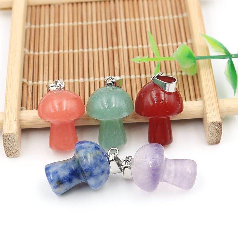 Natural Stone Carved 20mm Mushroom charms pink Quartz amethyst agate opal Crystal Tiger Eye Hand Pendant Charms For DIY Jewelry Making Necklace